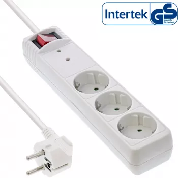 InLine Socket strip CEE 7/3, 3-way, overvoltage protection, switch, white