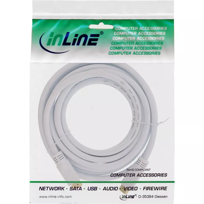 InLine High Speed HDMI Cable with Ethernet, M/M, white, golden contacts, 5m