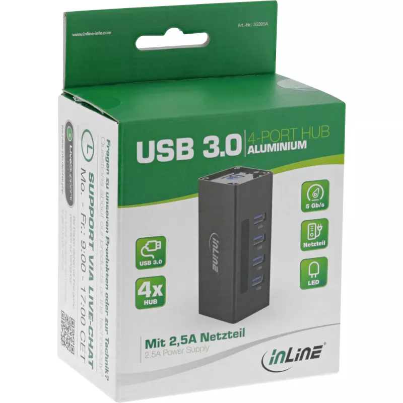 InLine USB 3.0 Hub, 4 port, aluminium case, with 2.5A power supply
