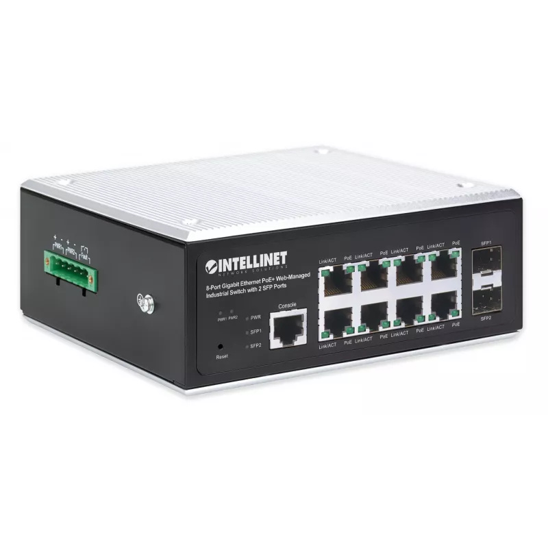 Intellinet Industrial 8-Port Gigabit Ethernet PoE+ Layer 2+ Web-Managed Switch with 2 SFP Ports IEEE 802.3at/af (PoE+/PoE) Compliant, PoE Power Budget up to 240 W, Layer 2+/Layer 3 Lite, IP30-Rated Metal Housing, Self-Healing Network, Endspan, DIN-Rail Mount