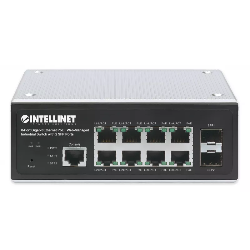 Intellinet Industrial 8-Port Gigabit Ethernet PoE+ Layer 2+ Web-Managed Switch with 2 SFP Ports IEEE 802.3at/af (PoE+/PoE) Compliant, PoE Power Budget up to 240 W, Layer 2+/Layer 3 Lite, IP30-Rated Metal Housing, Self-Healing Network, Endspan, DIN-Rail Mount
