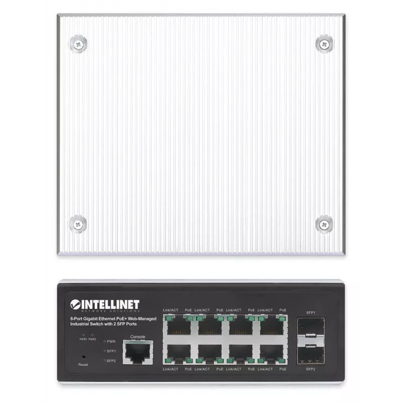 Intellinet Industrial 8-Port Gigabit Ethernet PoE+ Layer 2+ Web-Managed Switch with 2 SFP Ports IEEE 802.3at/af (PoE+/PoE) Compliant, PoE Power Budget up to 240 W, Layer 2+/Layer 3 Lite, IP30-Rated Metal Housing, Self-Healing Network, Endspan, DIN-Rail Mount