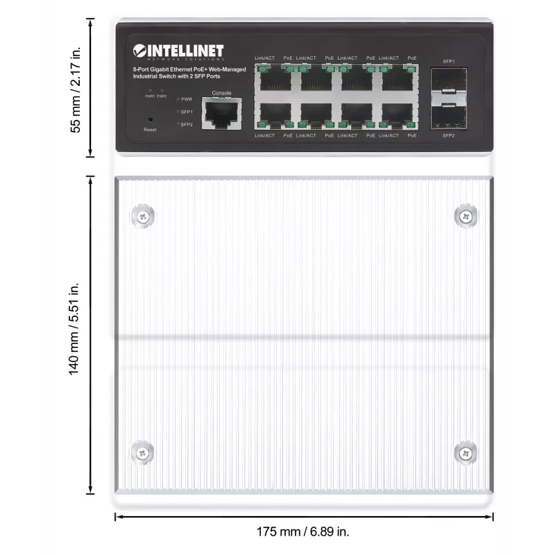 Intellinet Industrial 8-Port Gigabit Ethernet PoE+ Layer 2+ Web-Managed Switch with 2 SFP Ports IEEE 802.3at/af (PoE+/PoE) Compliant, PoE Power Budget up to 240 W, Layer 2+/Layer 3 Lite, IP30-Rated Metal Housing, Self-Healing Network, Endspan, DIN-Rail Mount