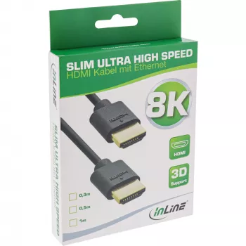 InLine Slim Ultra High Speed HDMI Cable M/M 8K4K gold plated black 0.3m