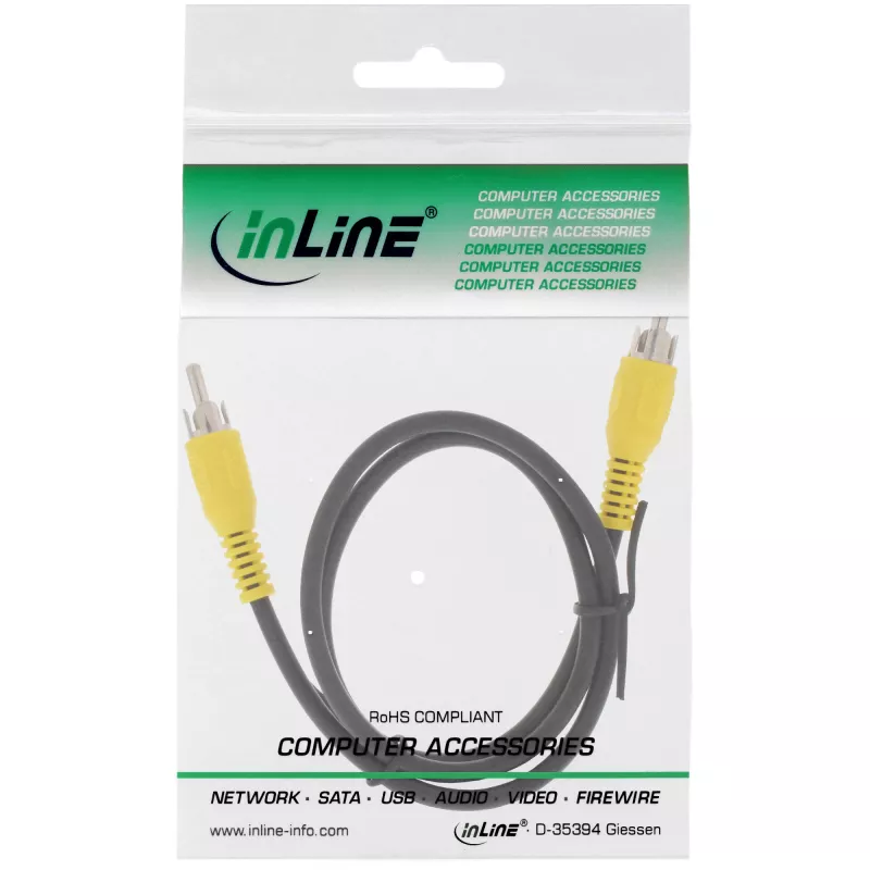 InLine Video cable,, 1x RCA M/M, yellow plugs, 1m, RCA, RCA, 1 m, Black