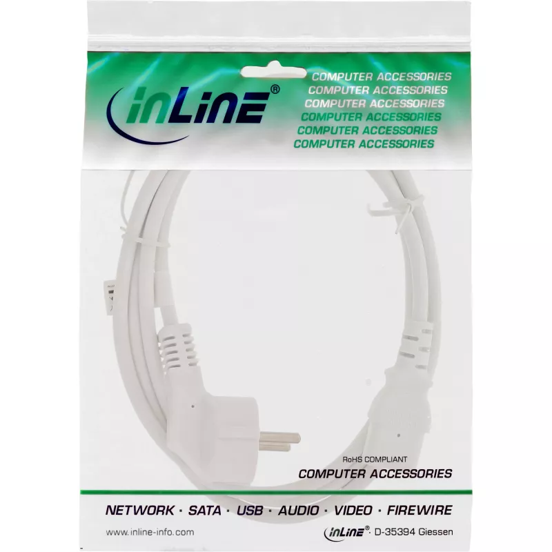 InLine power cable, CEE 7/7 angled / 3pin IEC C13 male, white, 1m
