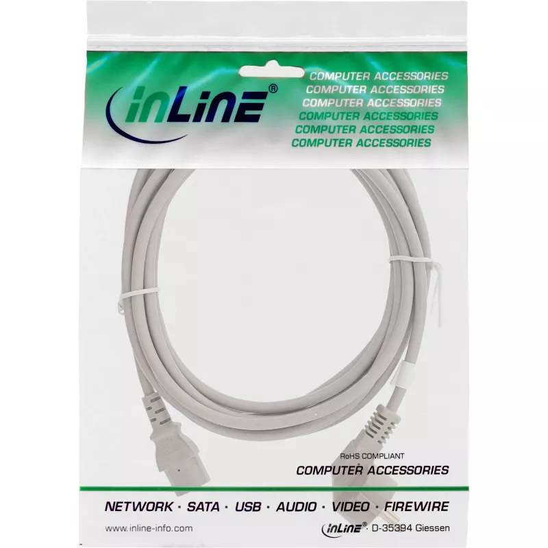 InLine power cable, CEE 7/7 angled / 3pin IEC C13 male, grey, 1m