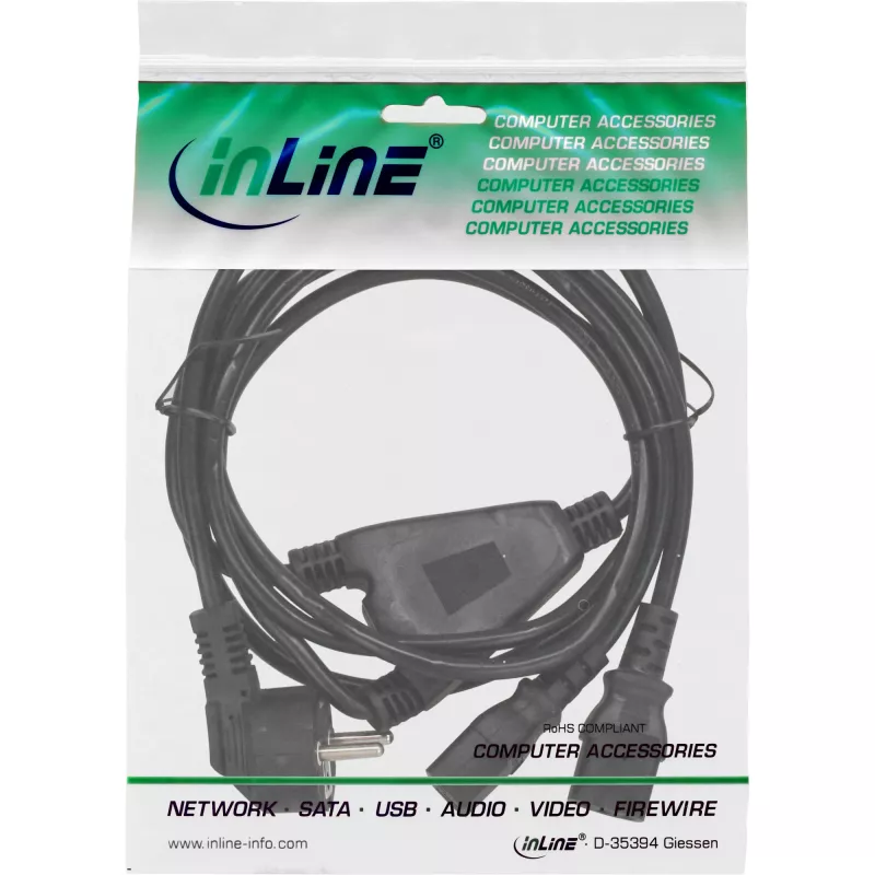 InLine Y-power cable 1x CEE 7/7 angled / 2x 3pin IEC C13 male, 1m