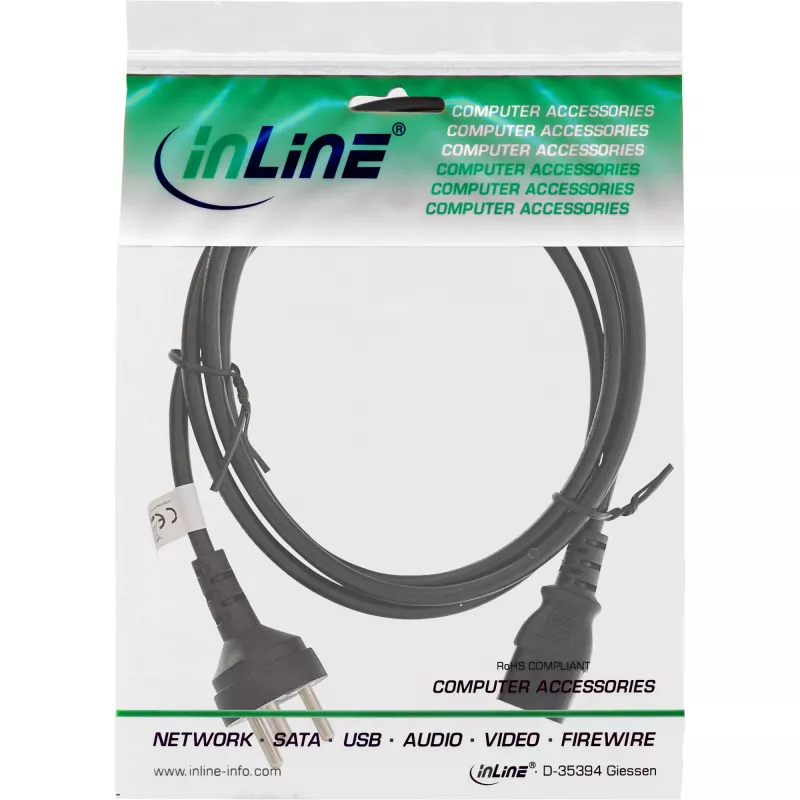 InLine power cable Denmark Type K male / 3pin IEC C13 male, 5m