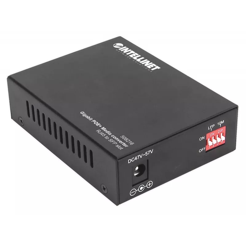 Intellinet Gigabit PoE+ Media Converter, 1 x 1000Base-T RJ45 Port to 1 x SFP Port, PoE+ Injector