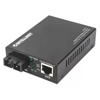 Intellinet Gigabit PoE+ Media Converter, 1000Base-T RJ45 Port to 1000Base-LX (SC) Single-Mode, 20 km (12.4 mi.), PoE+ Injector