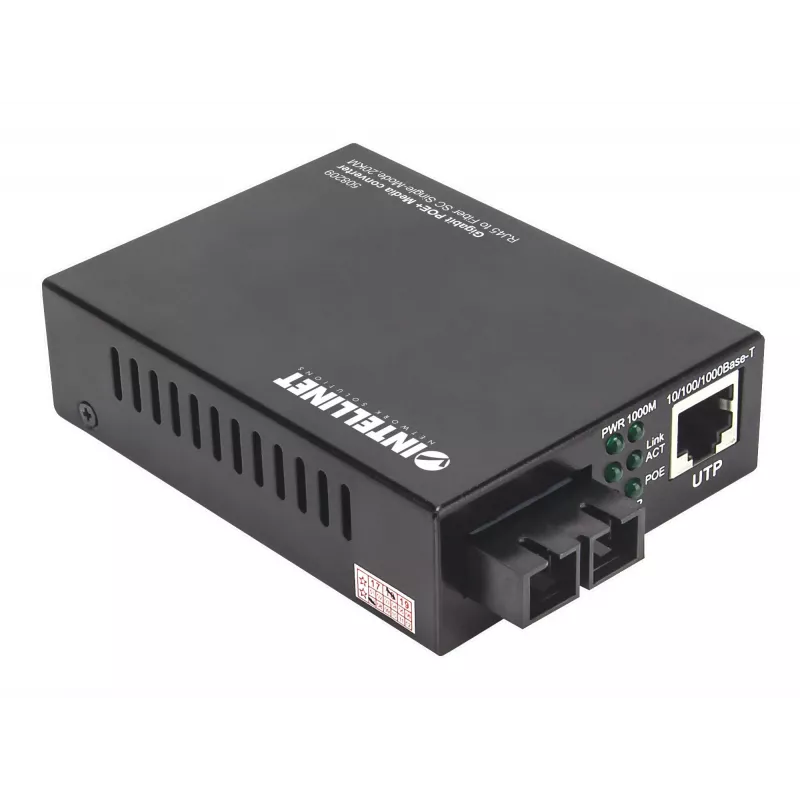 Intellinet Gigabit PoE+ Media Converter, 1000Base-T RJ45 Port to 1000Base-LX (SC) Single-Mode, 20 km (12.4 mi.), PoE+ Injector