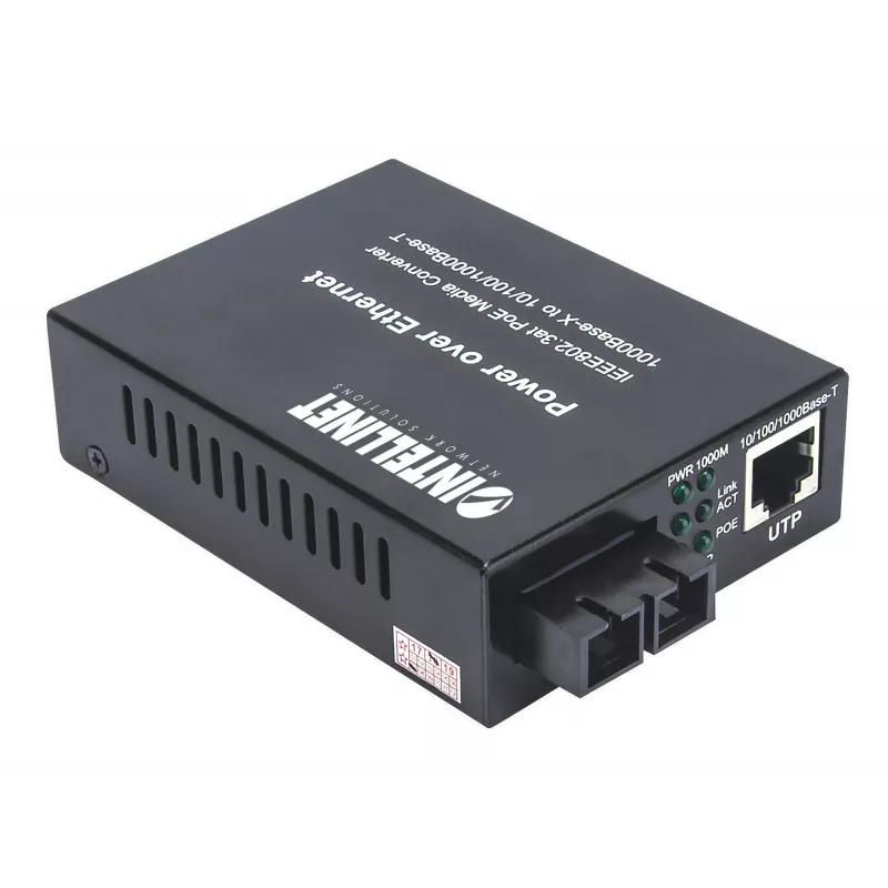 Intellinet Gigabit PoE+ Media Converter, 1000Base-T RJ45 Port to 1000Base-LX (SC) Single-Mode, 20 km (12.4 mi.), PoE+ Injector
