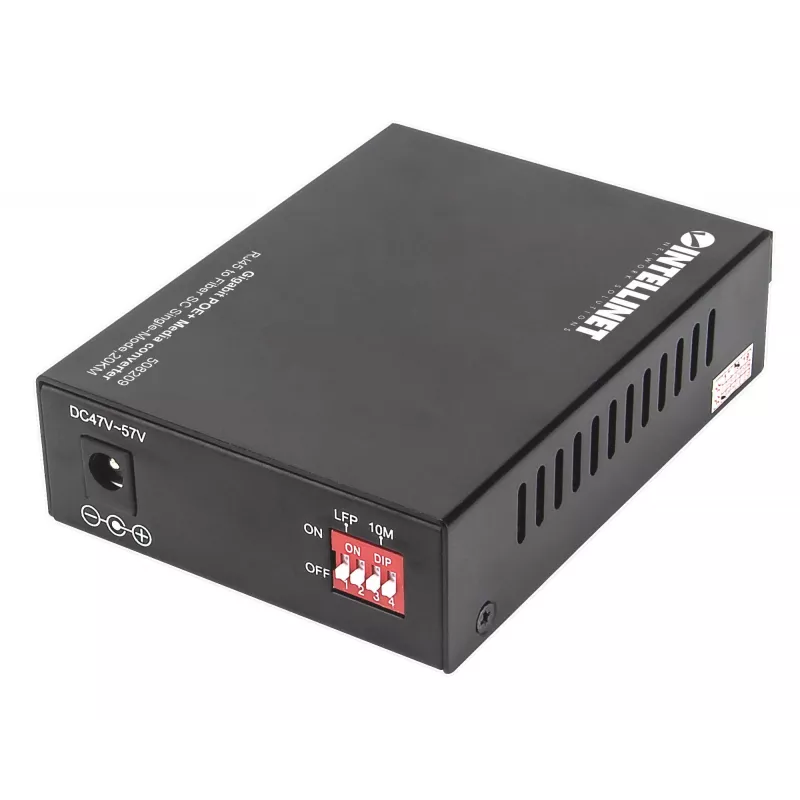 Intellinet Gigabit PoE+ Media Converter, 1000Base-T RJ45 Port to 1000Base-LX (SC) Single-Mode, 20 km (12.4 mi.), PoE+ Injector
