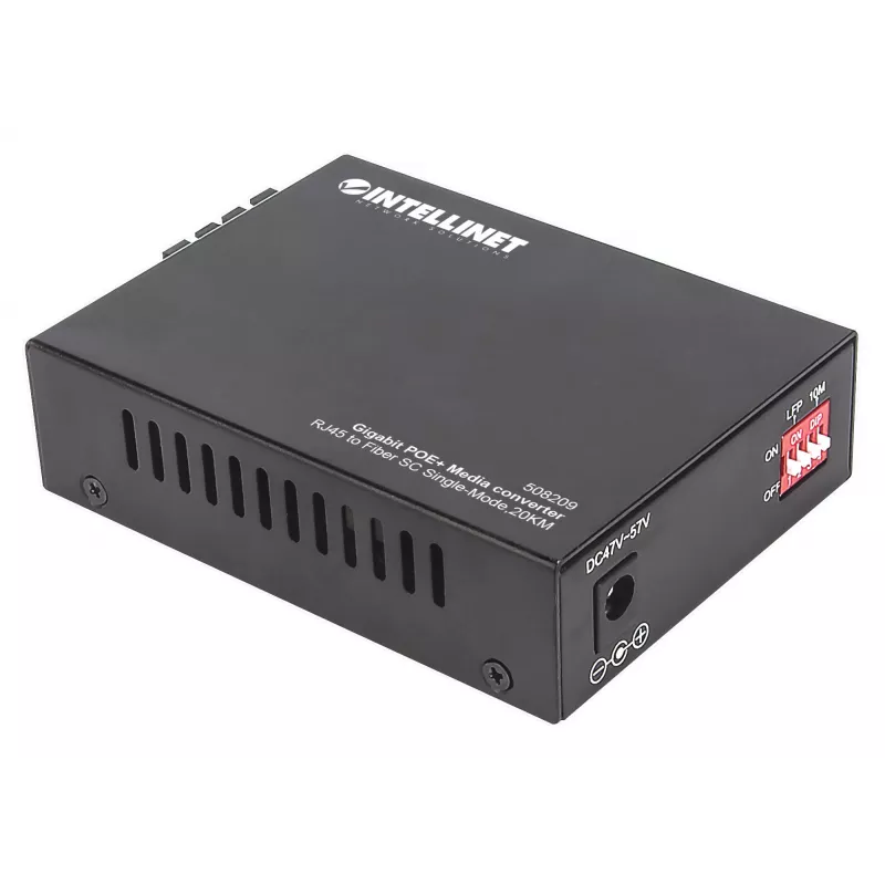 Intellinet Gigabit PoE+ Media Converter, 1000Base-T RJ45 Port to 1000Base-LX (SC) Single-Mode, 20 km (12.4 mi.), PoE+ Injector