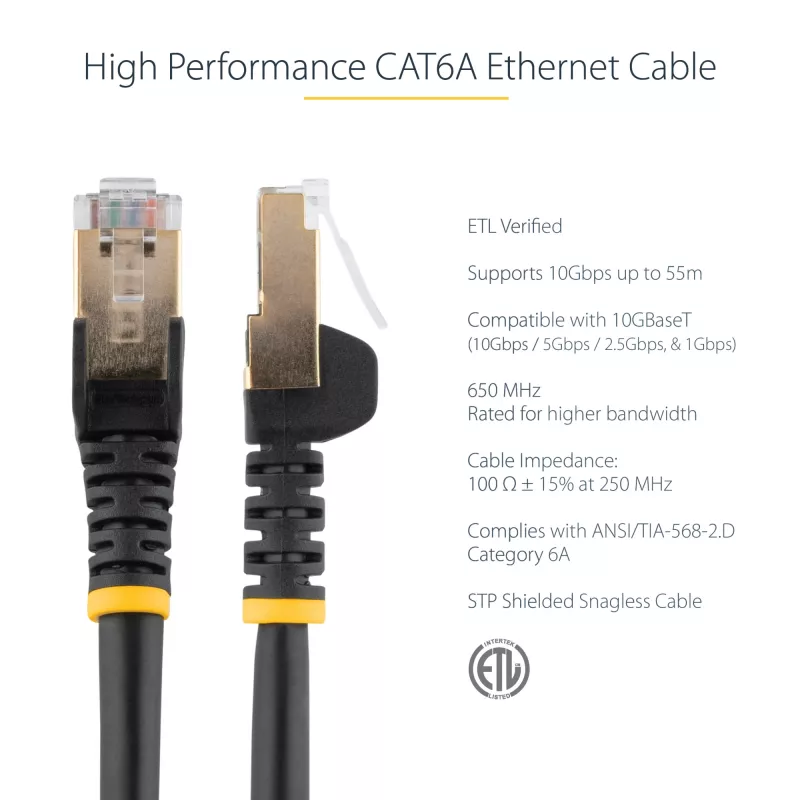StarTech.com 1m CAT6a Ethernet Cable - 10 Gigabit Shielded Snagless RJ45 100W PoE Patch Cord - 10GbE STP Network Cable w/Strain Relief - Black Individually Tested/Wiring is UL Certified/TIA