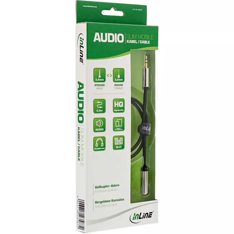 InLine Slim Audio Cable 3.5mm male / female Stereo 0.5m, 3.5mm, Male, 3.5mm, Female, 0.5 m, Black