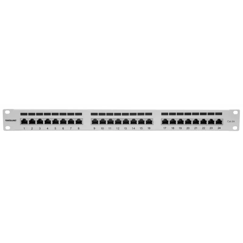Intellinet Patch Panel, Cat6a, FTP, 24-Port, 1U, Shielded, 90° Top-Entry Punch Down Blocks, Grey