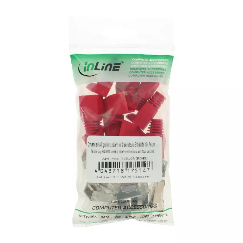 InLine Crimp Connector RJ45 8P8C shielded w. threader+bend protection, red