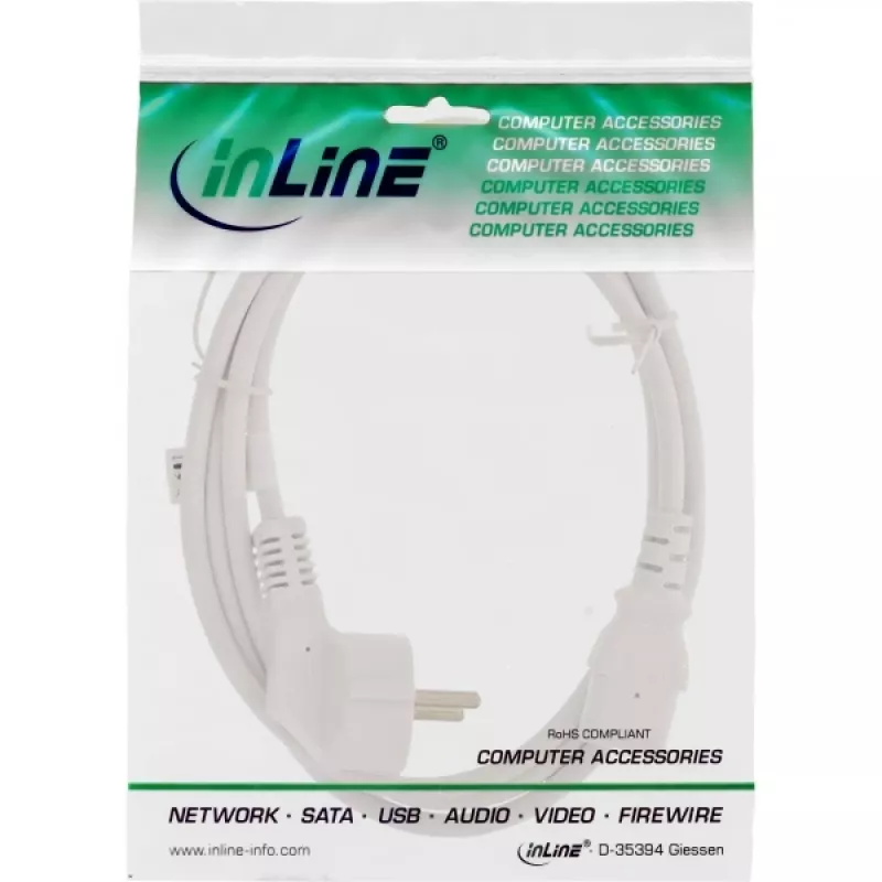InLine power cable, CEE 7/7 angled / 3pin IEC C13 male, white, 3m