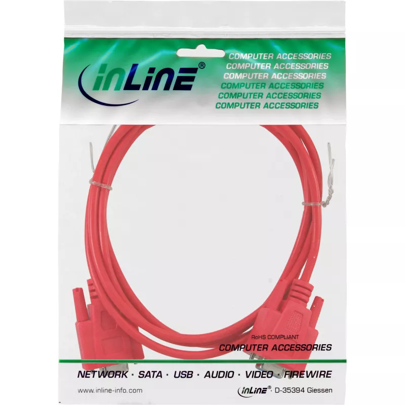 InLine null modem cable DB9 Pin female / female, molded, red, 3m