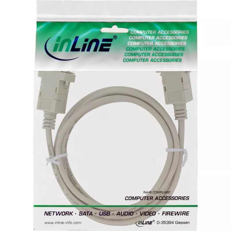 InLine null modem cable DB9 Pin female / female, clipped, grey, 2m
