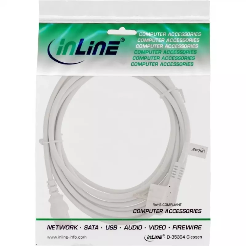 InLine power cable, CEE 7/7 angled / 3pin IEC C13 male, white, 5m