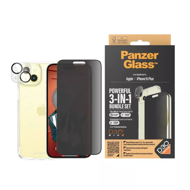 PanzerGlass Privacy 3-in-1 Pack iPhone 15 Plus Tempered Glass