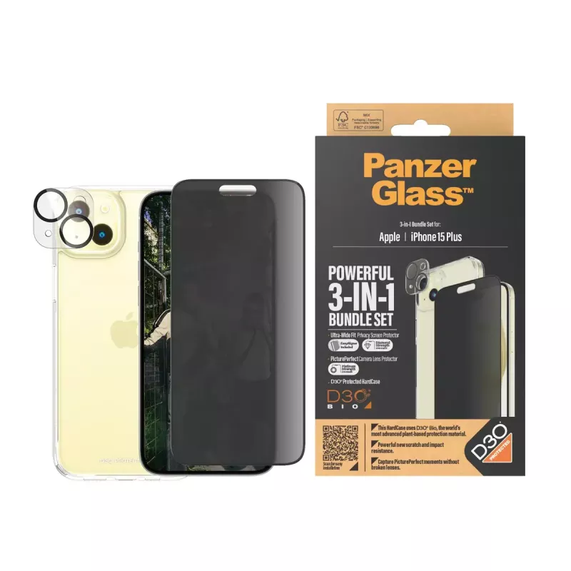 PanzerGlass Privacy 3-in-1 Pack iPhone 15 Plus Tempered Glass