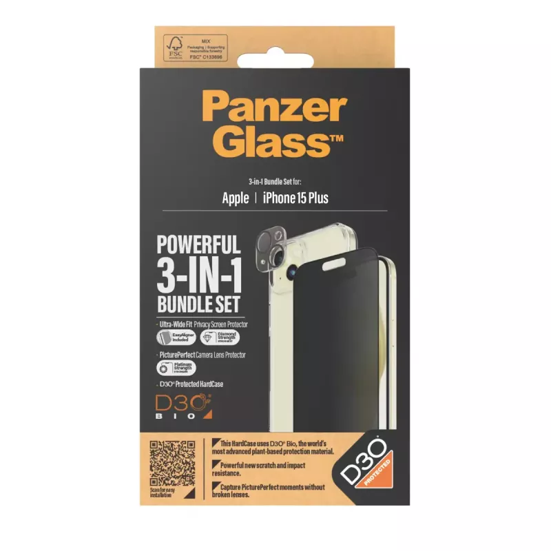 PanzerGlass Privacy 3-in-1 Pack iPhone 15 Plus Tempered Glass