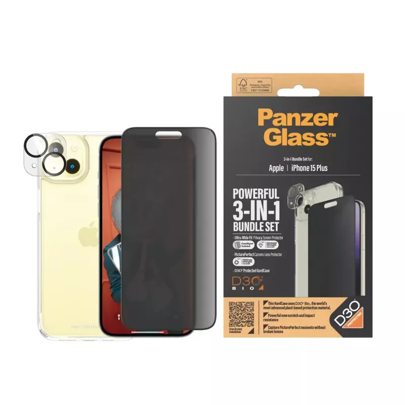 PanzerGlass Privacy 3-in-1 Pack iPhone 15 Plus Tempered Glass