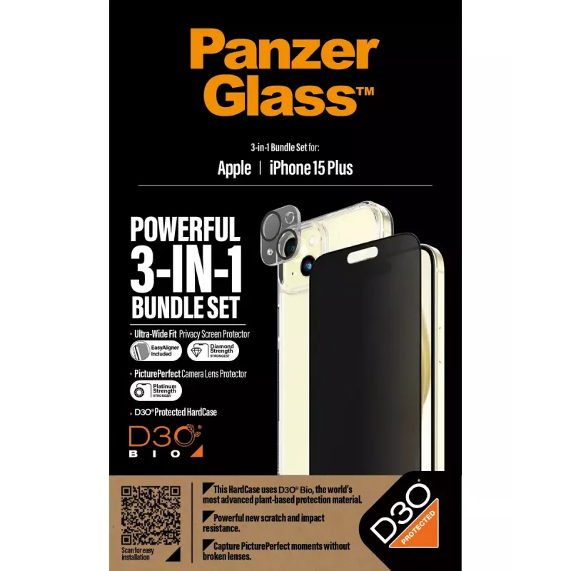 PanzerGlass 3-in-1 Pack iPhone 15 Plus Shock Resistant Tempered Glass