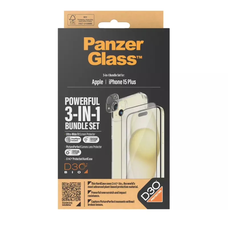PanzerGlass 3-in-1 Pack iPhone 15 Plus Shock Resistant Tempered Glass
