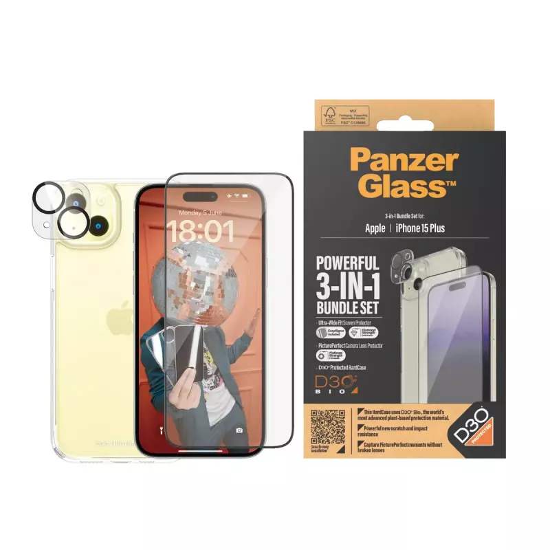 PanzerGlass 3-in-1 Pack iPhone 15 Plus Shock Resistant Tempered Glass
