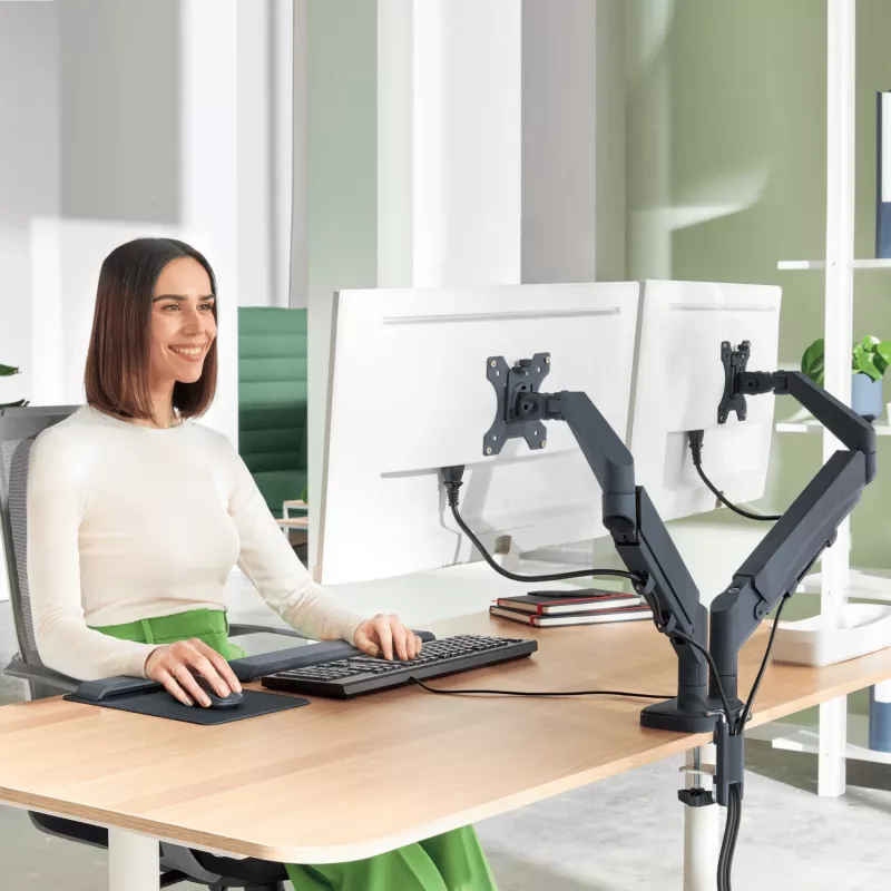 Leitz Ergo Space Saving Dual Monitor Arm, 9 kg, 43.2 cm (17 inch), 81.3 cm (32 inch), 75 x 100 mm, Height adjustment, Grey