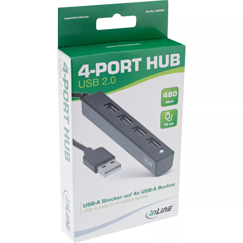 InLine USB 2.0 4-Port Hub, USB-A male to 4x USB-A female, cable 15cm