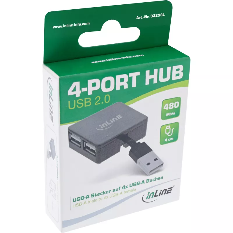 InLine USB 2.0 4-Port Hub, USB-A male to 4x USB-A female, cable 4cm