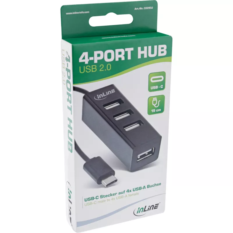InLine USB 2.0 4-Port Hub, USB-C male to 4x USB-A female, cable 15cm