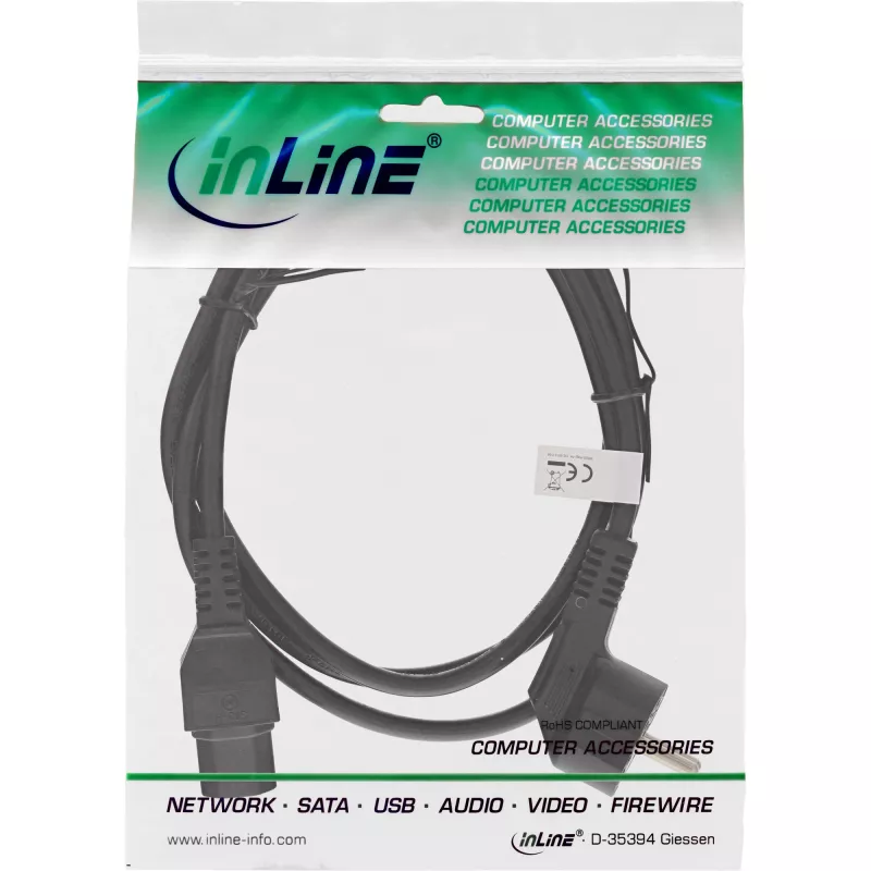 InLine Power cable, CEE7/7 angled to C15 straight, 3 x 1mm², black, 1.8m
