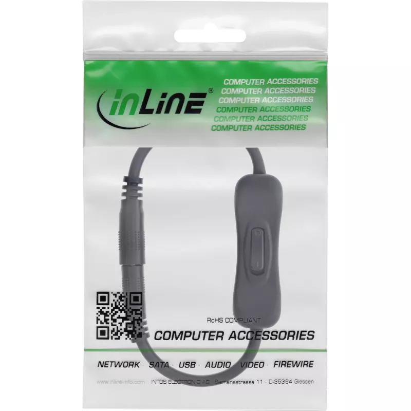 InLine DC cable with Switch, DC male/female 5,5x2,5mm, AWG 18, black, 0.20m