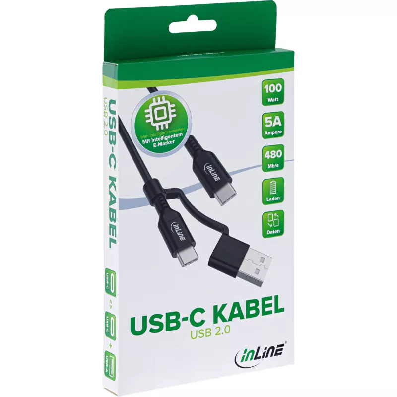 InLine 2-in-1 USB-C cable + USB-A adapter, USB 2.0, 100W, TPE, black, 1m