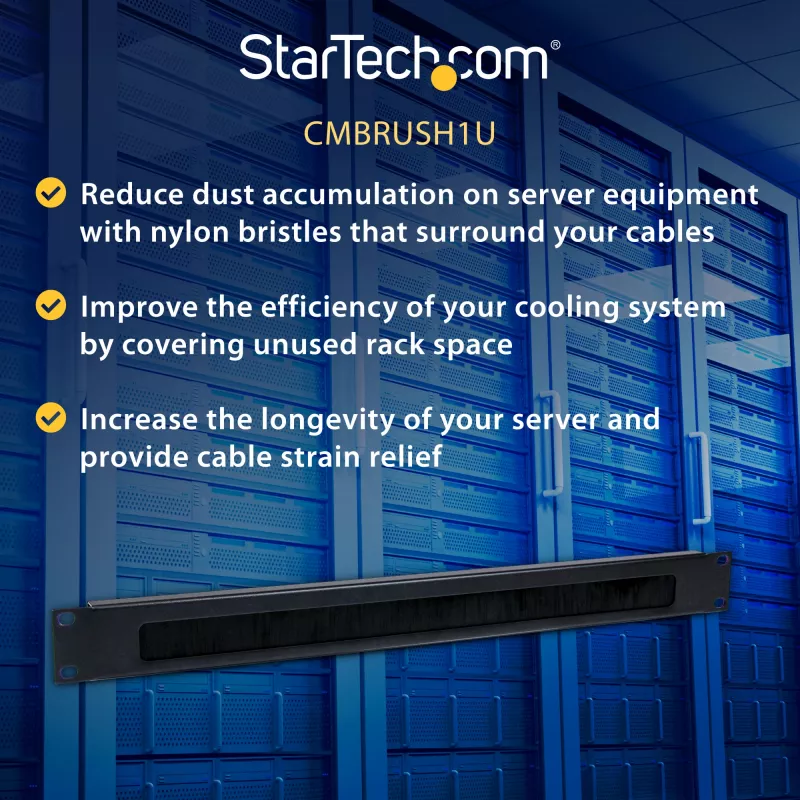 StarTech.com 1U High-density Brush Strip Cable Management Panel, Sturdy Steel Horizontal Data Centre Cable Organizer
