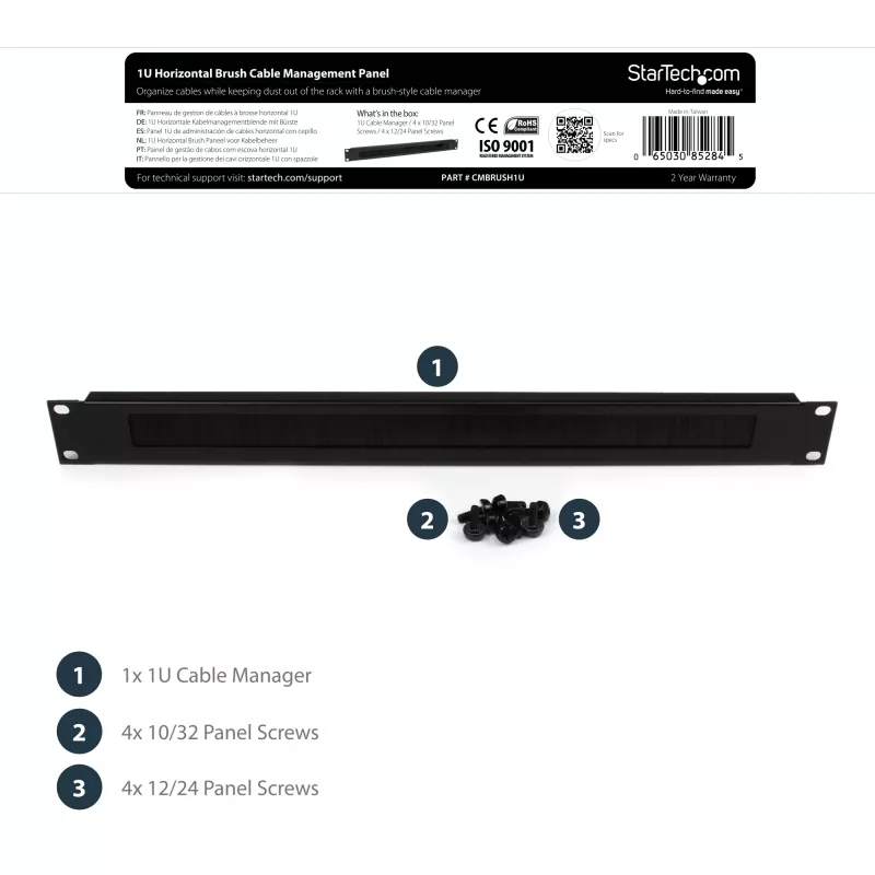 StarTech.com 1U High-density Brush Strip Cable Management Panel, Sturdy Steel Horizontal Data Centre Cable Organizer