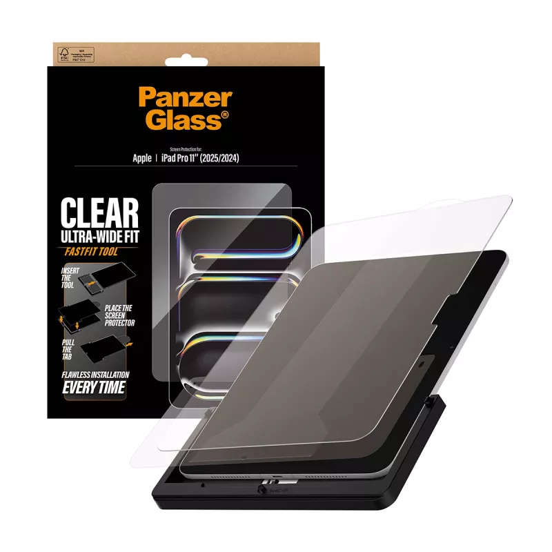 Tempered Glass Screen Protector for iPad Pro 11 inch (2024–2025) by PanzerGlass — Ultra-Wide Fit, FastFit tool