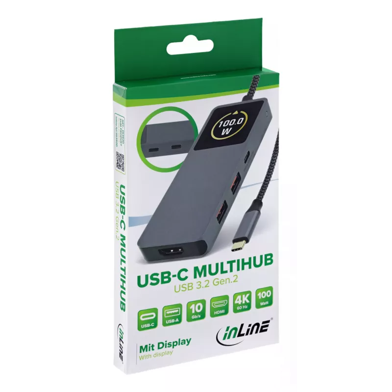 USB-C interface hub InLine 35392D USB 3.2 Gen 2 Type-C host to HDMI, USB-A, USB-C 10000 Mbit/s Grey