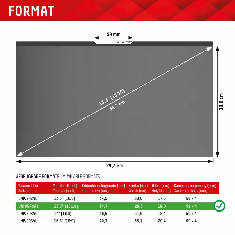 Privacy filter Displex PRIVACY SAFE magnetic 2-way for Laptop/Notebook 13.3 inch (16:10), frameless, glossy/matt, 5H