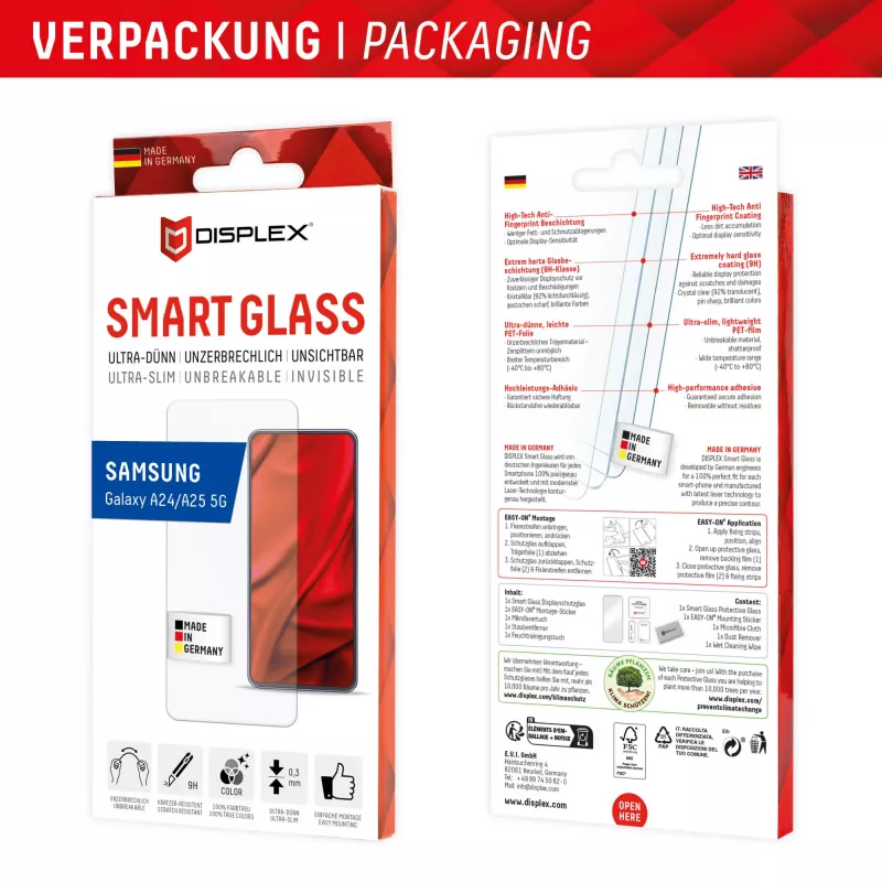 Displex Smart Glass (9H) for Samsung Galaxy A24/A25 5G, Mounting Sticker, unbreakable
