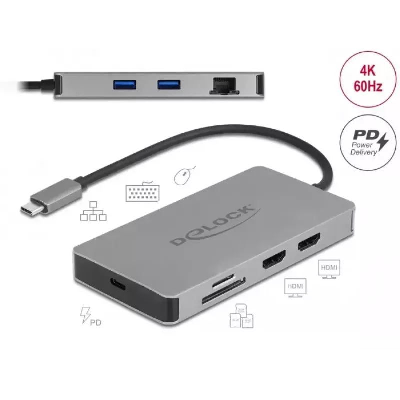 DeLOCK USB Type-C Docking Station 4K Dual HDMI MST USB 3.2 SD LAN PD 3.0
