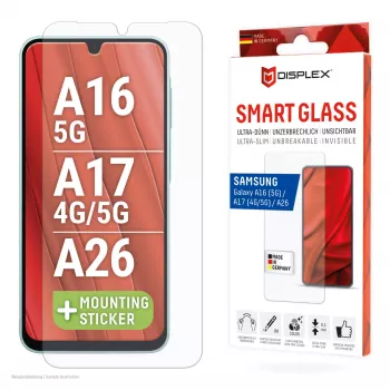 Displex Smart Glass (9H) for Samsung Galaxy A26/A16 (5G)/A17 (4G/5G), Mounting Sticker, unbreakable