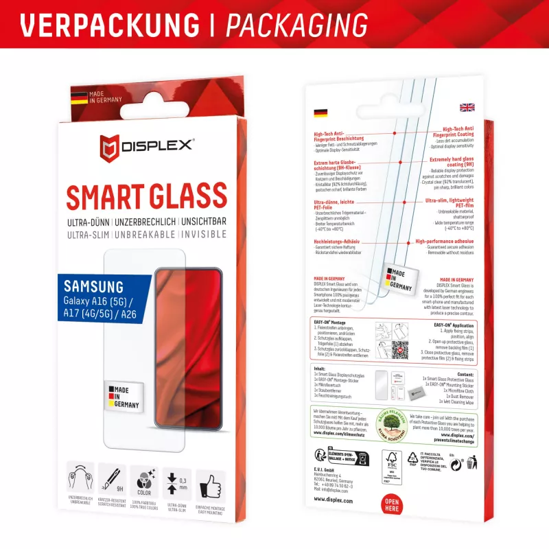 Displex Smart Glass (9H) for Samsung Galaxy A26/A16 (5G)/A17 (4G/5G), Mounting Sticker, unbreakable